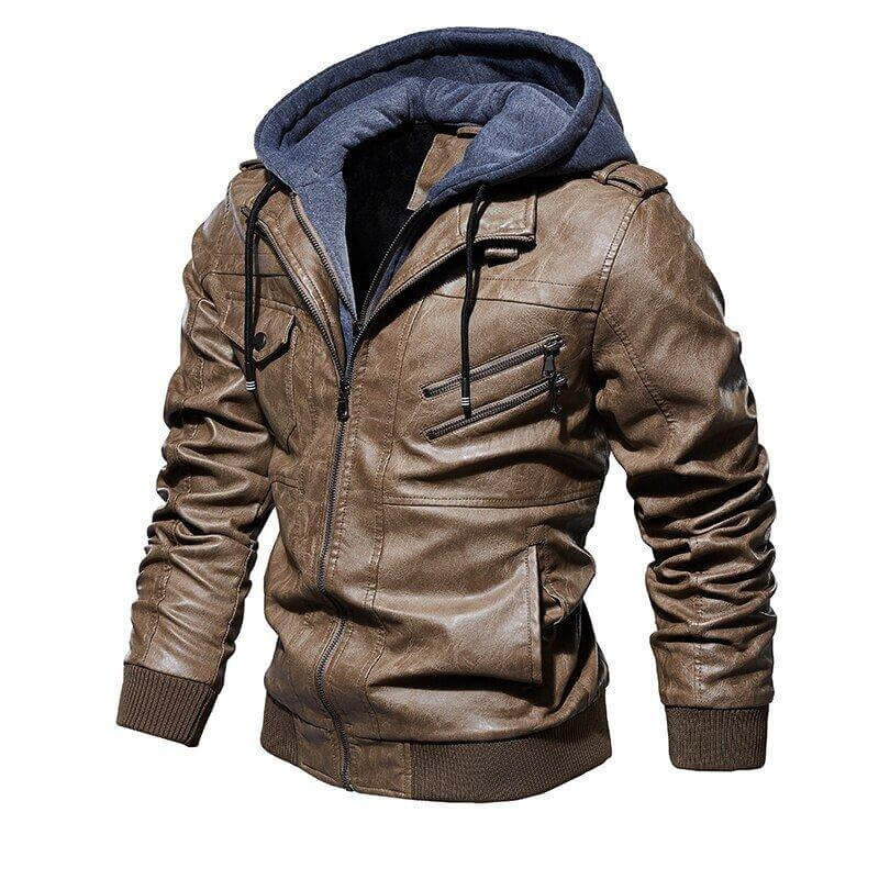 Jaqueta Masculina de Couro 100% Legítimo Com Capuz Removível - Imagem 3