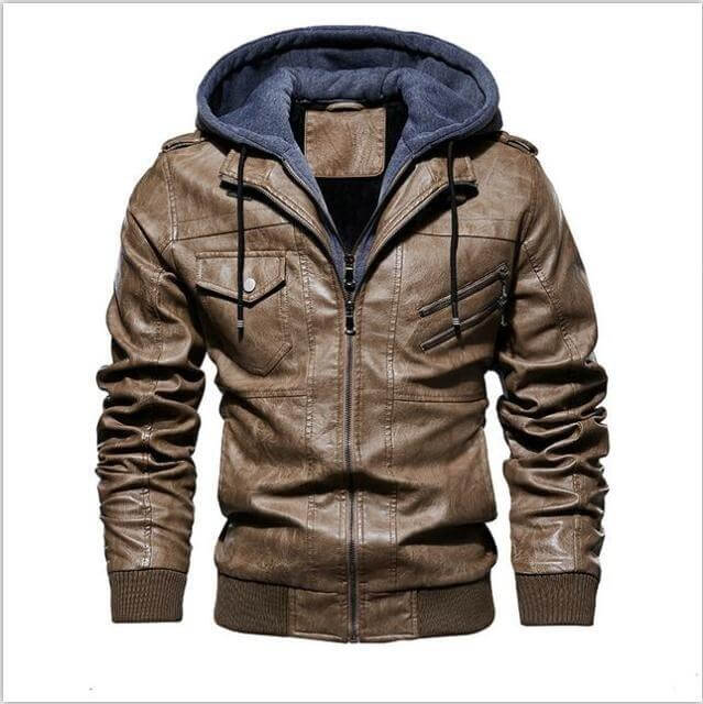 Jaqueta Masculina de Couro 100% Legítimo Com Capuz Removível - Imagem 5