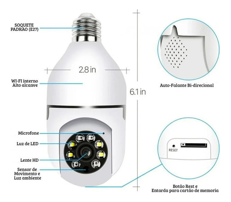 Câmera Ip Lâmpada De Segurança Wifi Espia Panorâmica 360 - Imagem 10
