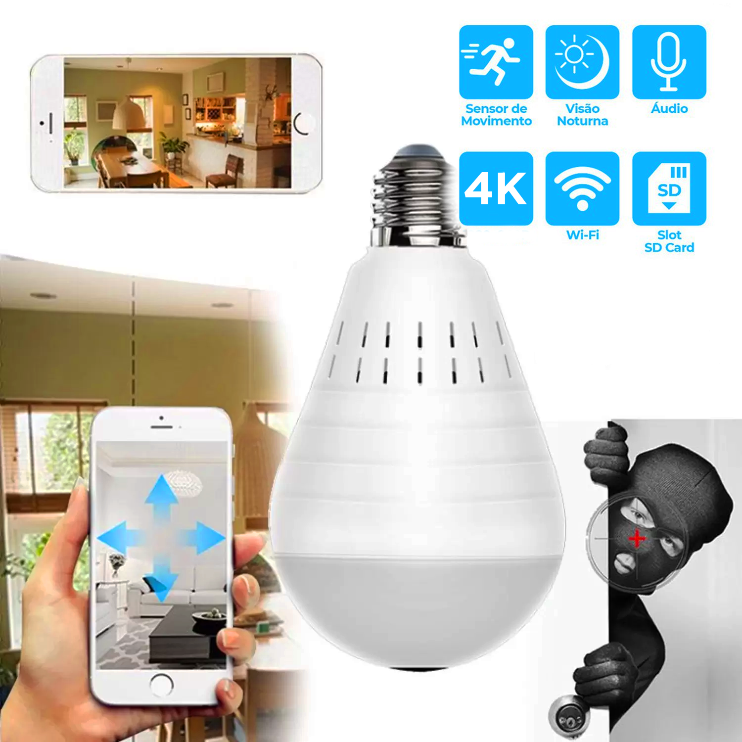 Lâmpada Espiã SpyLamp™ 360º graus Wifi Tempo Real 4K