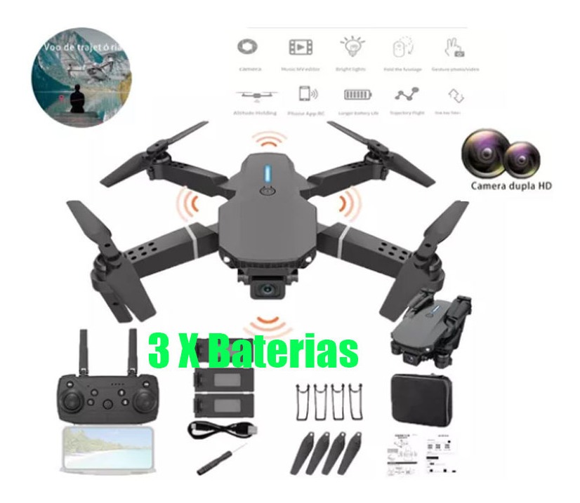 Drone Profissional E88 Pro 2.4ghz Com Câmera Hd E 3 Bateria