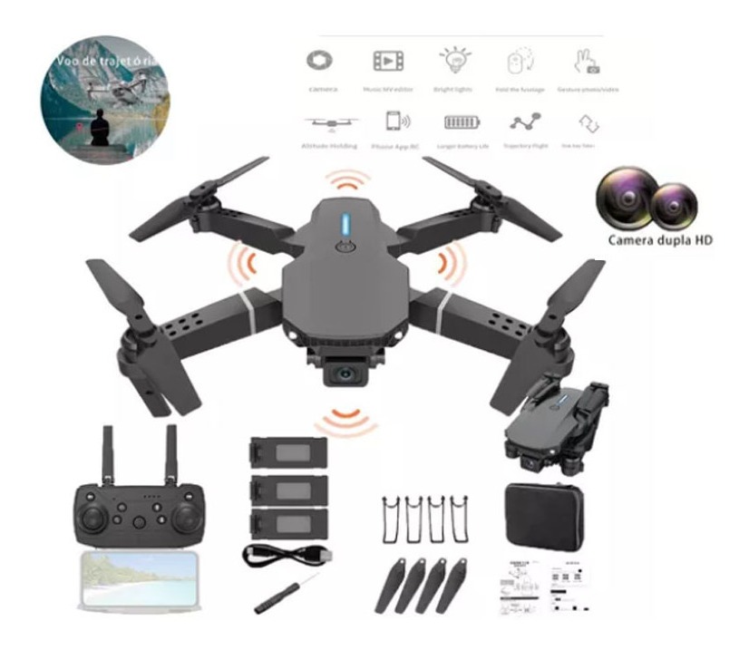 Drone Câmera Dupla 4k Profissional Com Luzes Led 3 Baterias