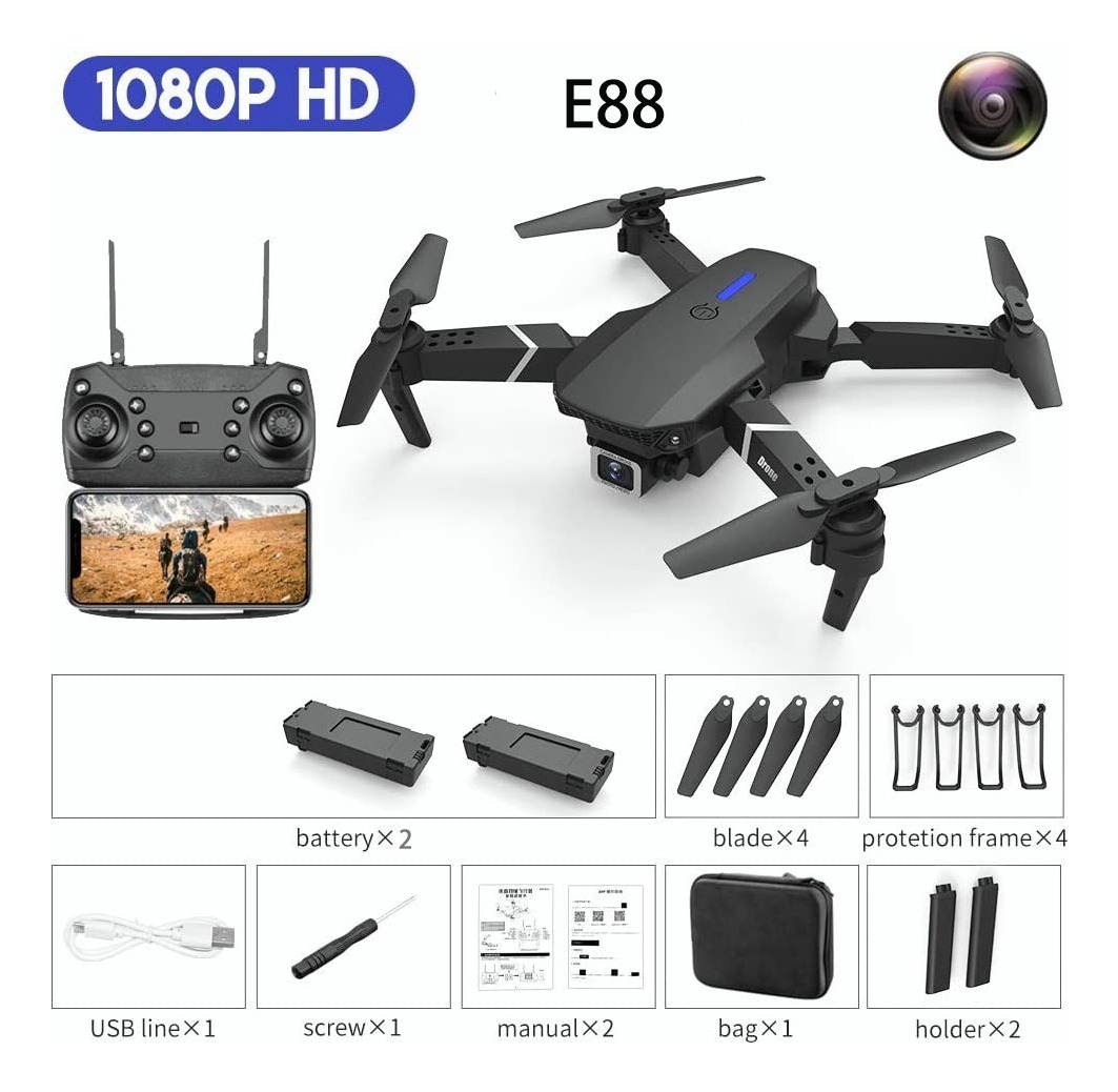 Drone E88 Com Dupla Câmera Hd Preto 2.4ghz 2 Bateria