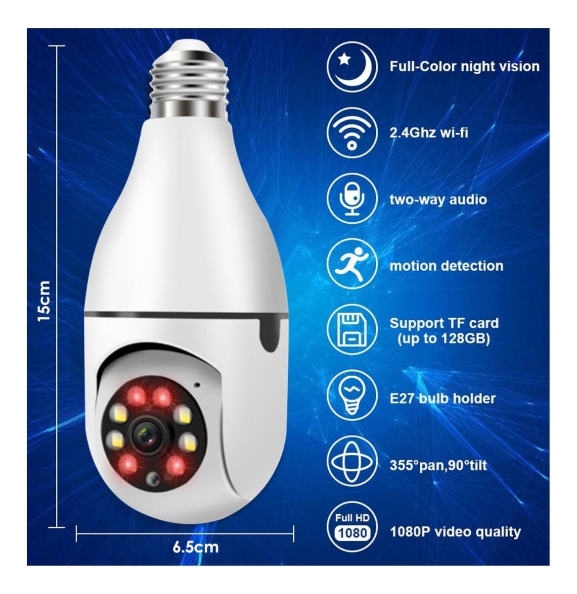 Câmera Ip Segurança Lâmpada Yoosee Panorâmica Wifi1080 Espiã - Imagem 3