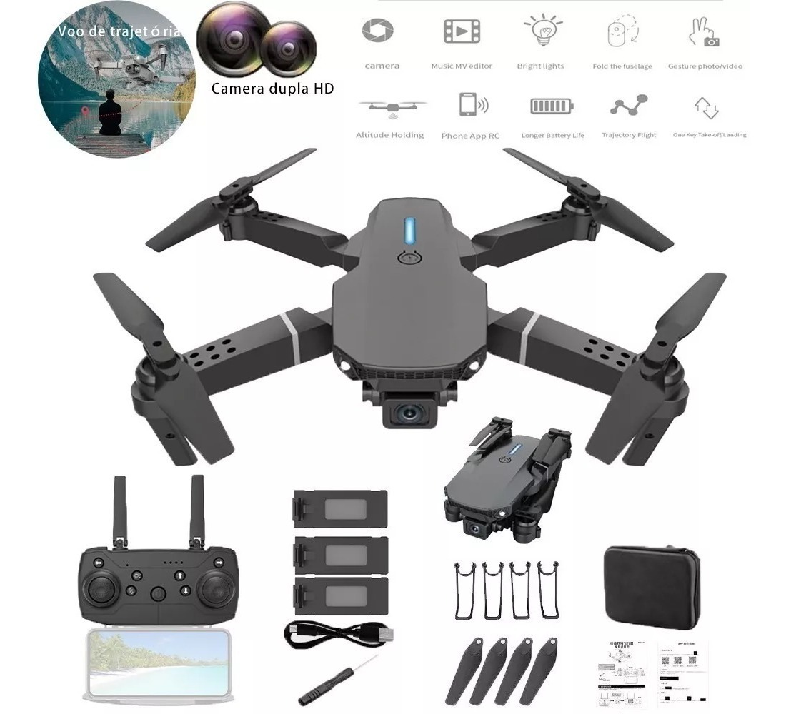 Drone E88 Pro Com Câmera Aérea Hd Profissional E 3 Baterias