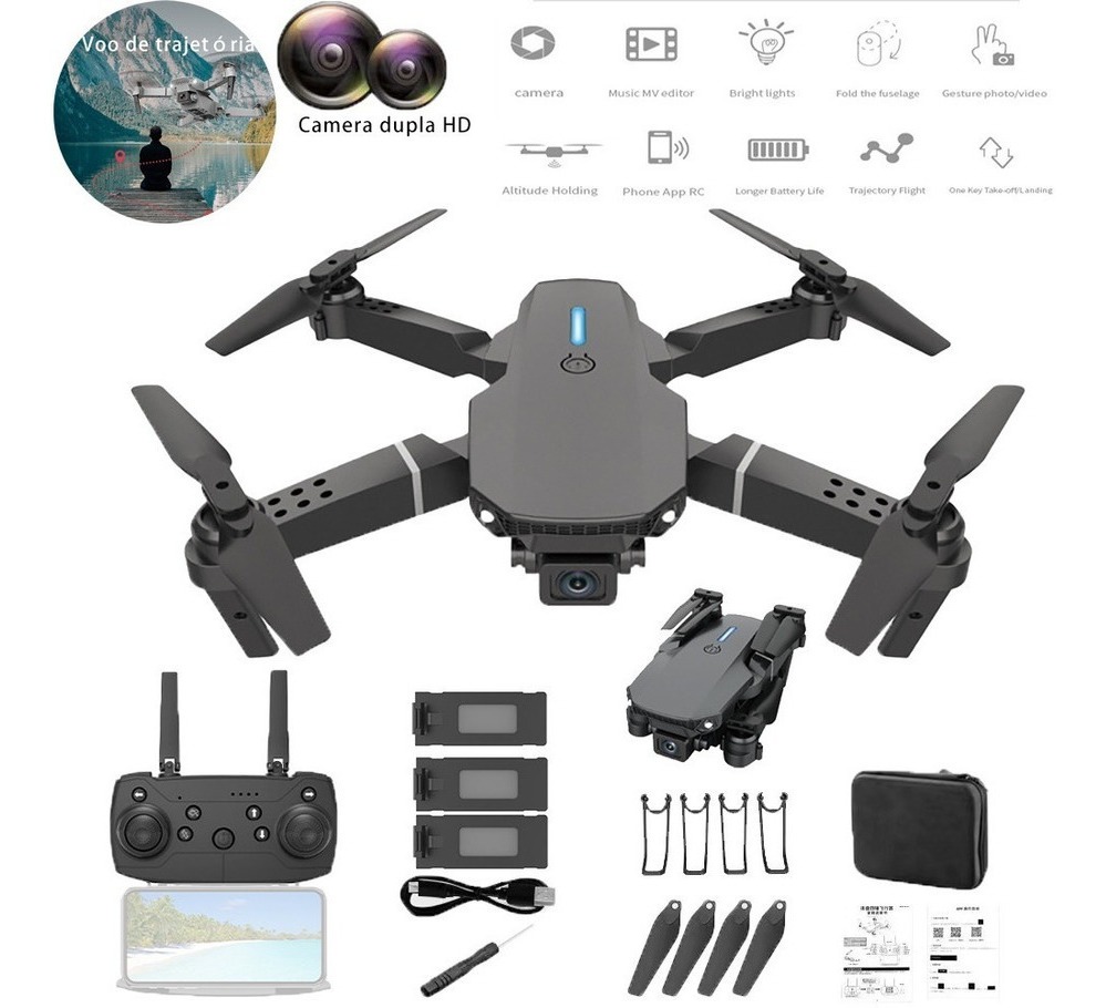Drone E88 Pro Com Câmera Aérea Hd Profissional E 3 Baterias
