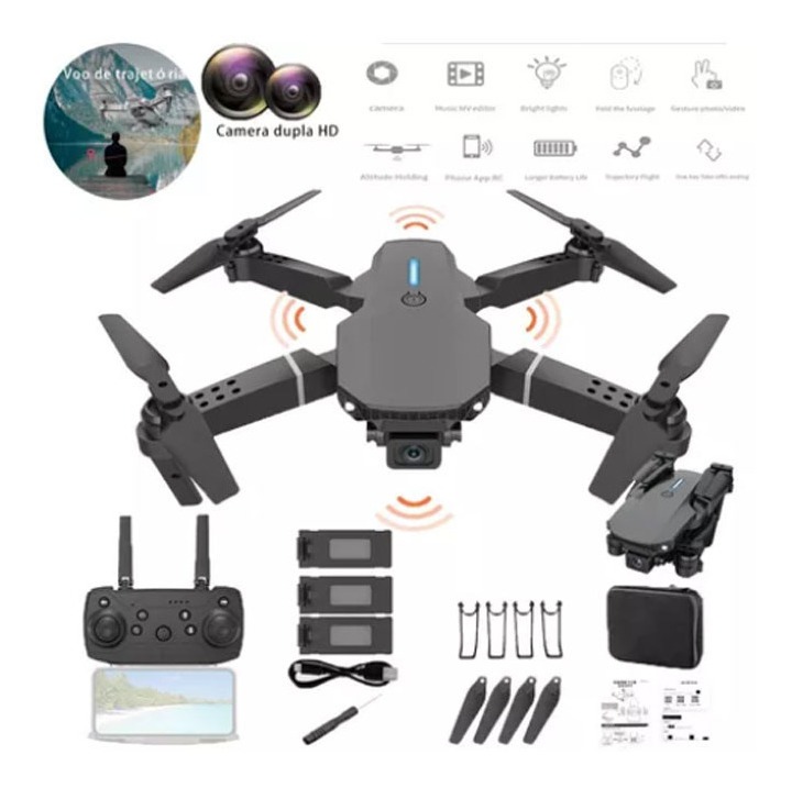 4k Profissional Com Luzes Led 3 Baterias Drone Câmera Dupla