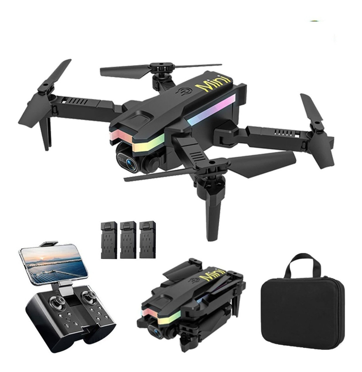 Mini Drone Fotografia Aérea Dobrável Led Colorido 3 Baterias