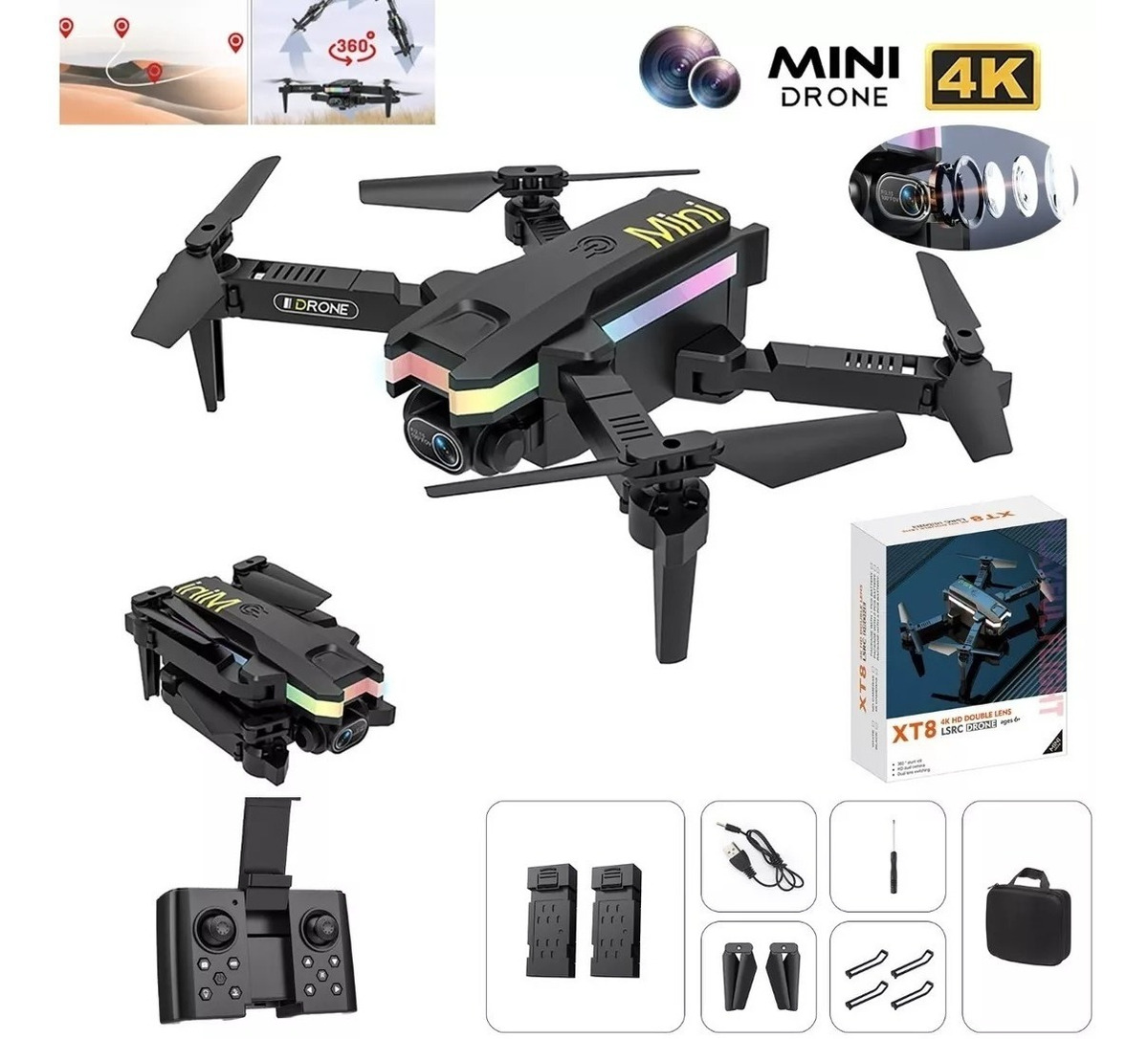 Drone Profissional Câmera Dupla 4k Com Luzes Led 2 Baterias