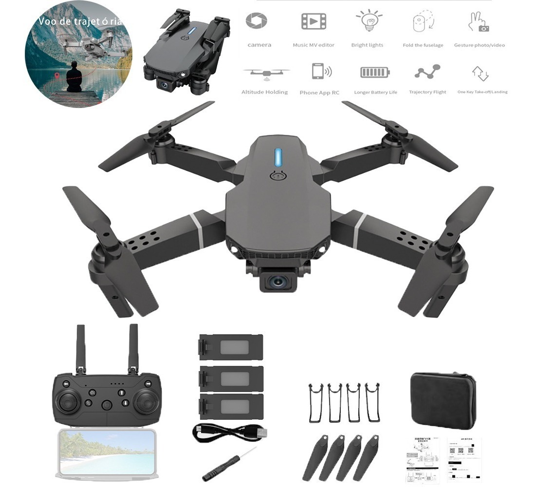Drone Fpv Com Helicóptero Dobrável De Câmera Hd E 3 Bateria