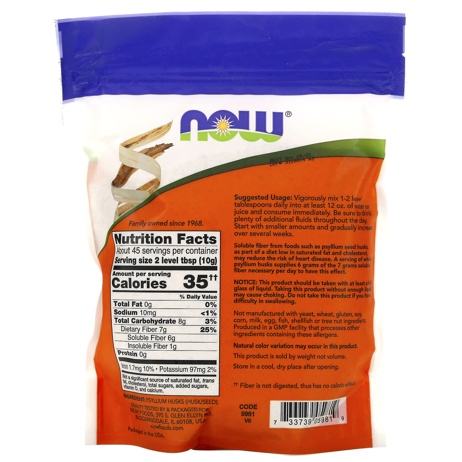 NOW Foods, Cascas de Psílio Inteiros, 454 g (16 oz) - Imagem 2