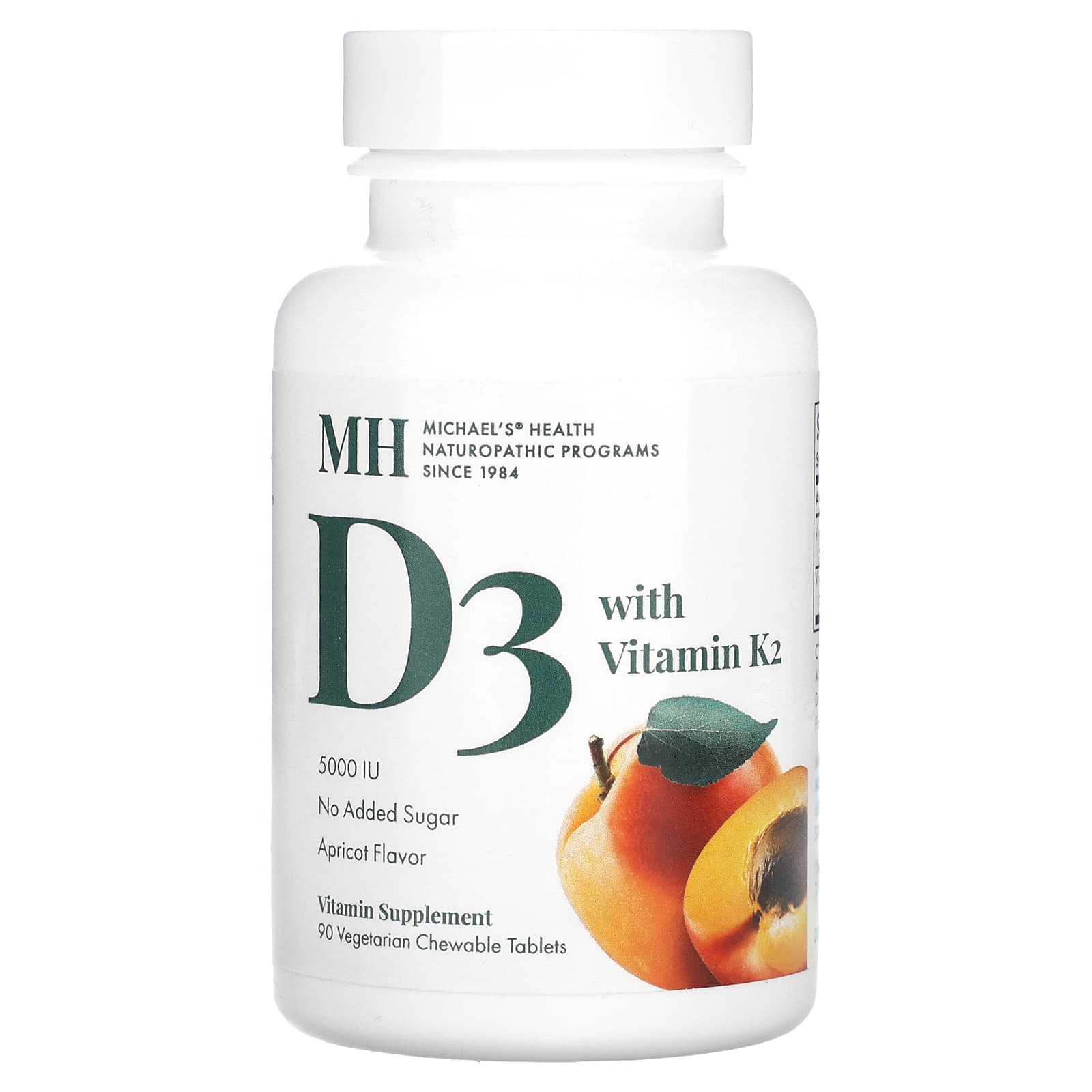 Michael's Health, Vitamina D3 com Vitamina K2, Damasco, 5.000 UI, 90 Comprimidos Mastigáveis Vegetarianos