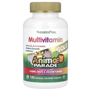 NaturesPlus, Animal Parade Gold®, Suplemento Multivitamínico Mastigável para Crianças, Cereja, Uva e Laranja, 120 Comprimidos em Formato de Animais