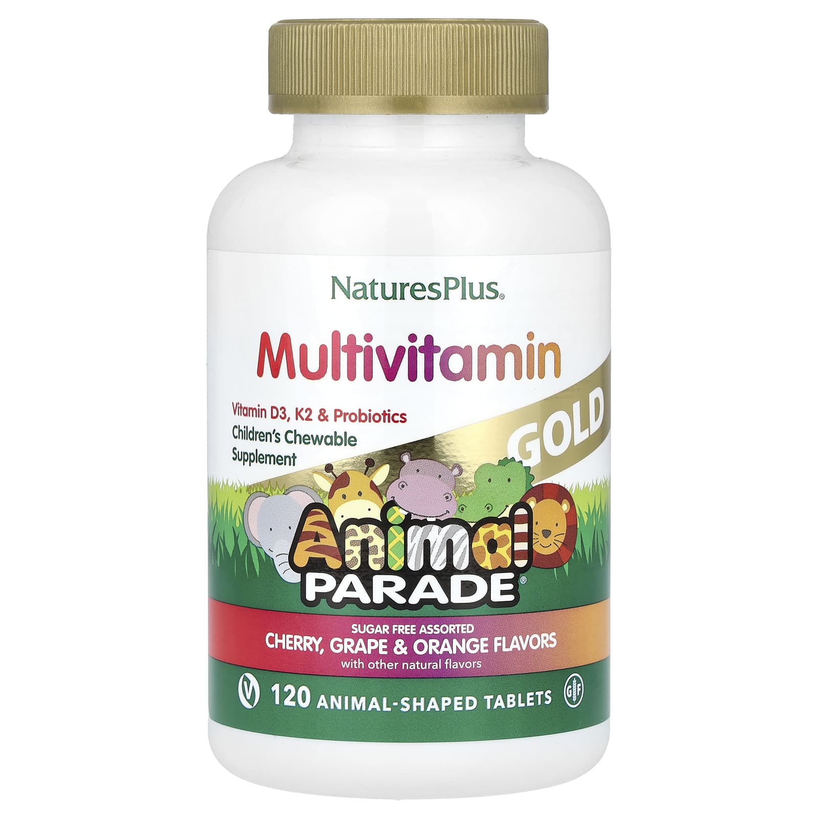 NaturesPlus, Animal Parade Gold®, Suplemento Multivitamínico Mastigável para Crianças, Cereja, Uva e Laranja, 120 Comprimidos em Formato de Animais