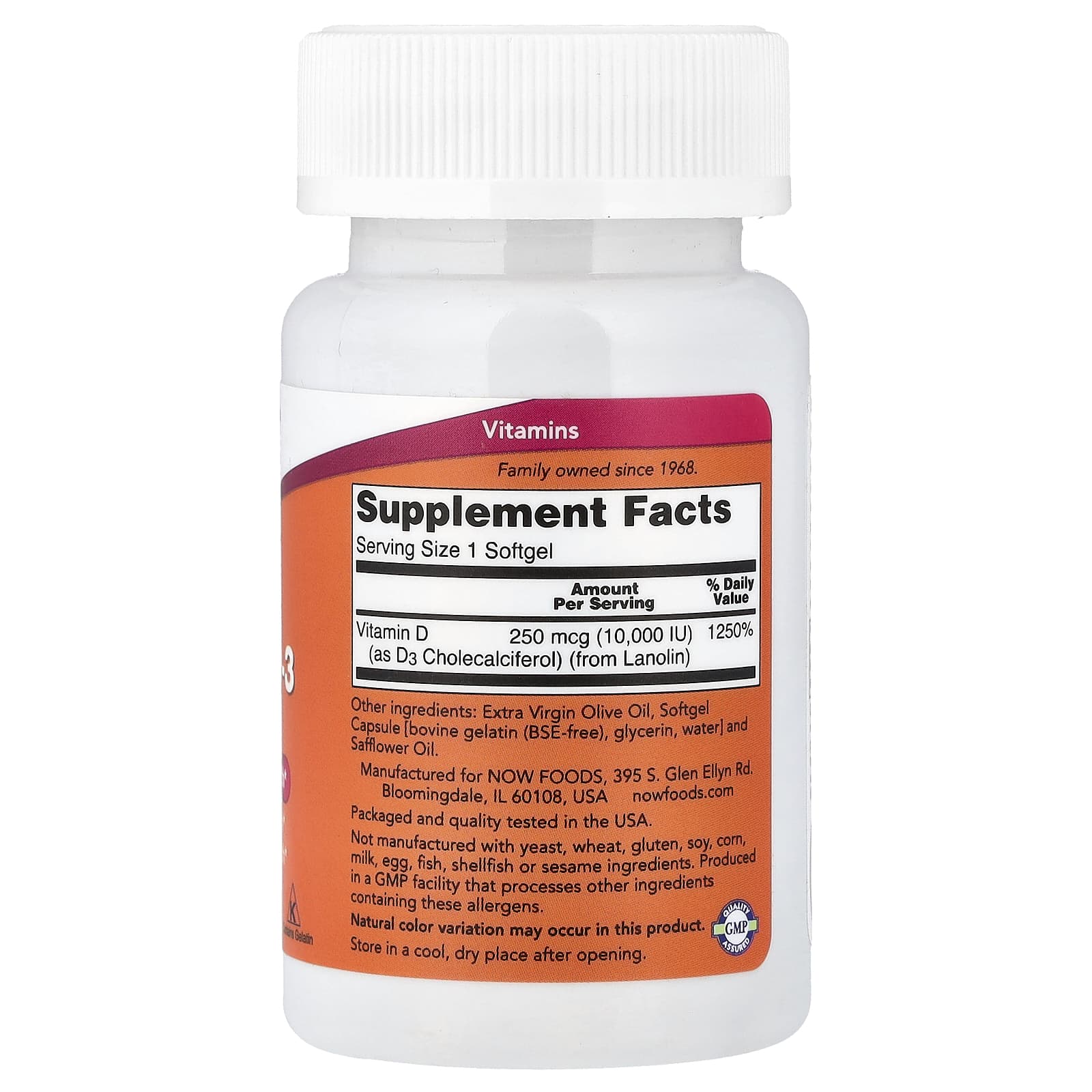 NOW Foods, Vitamina D-3, Alta Potência, 10.000 UI, 120 Cápsulas Softgel - Imagem 2
