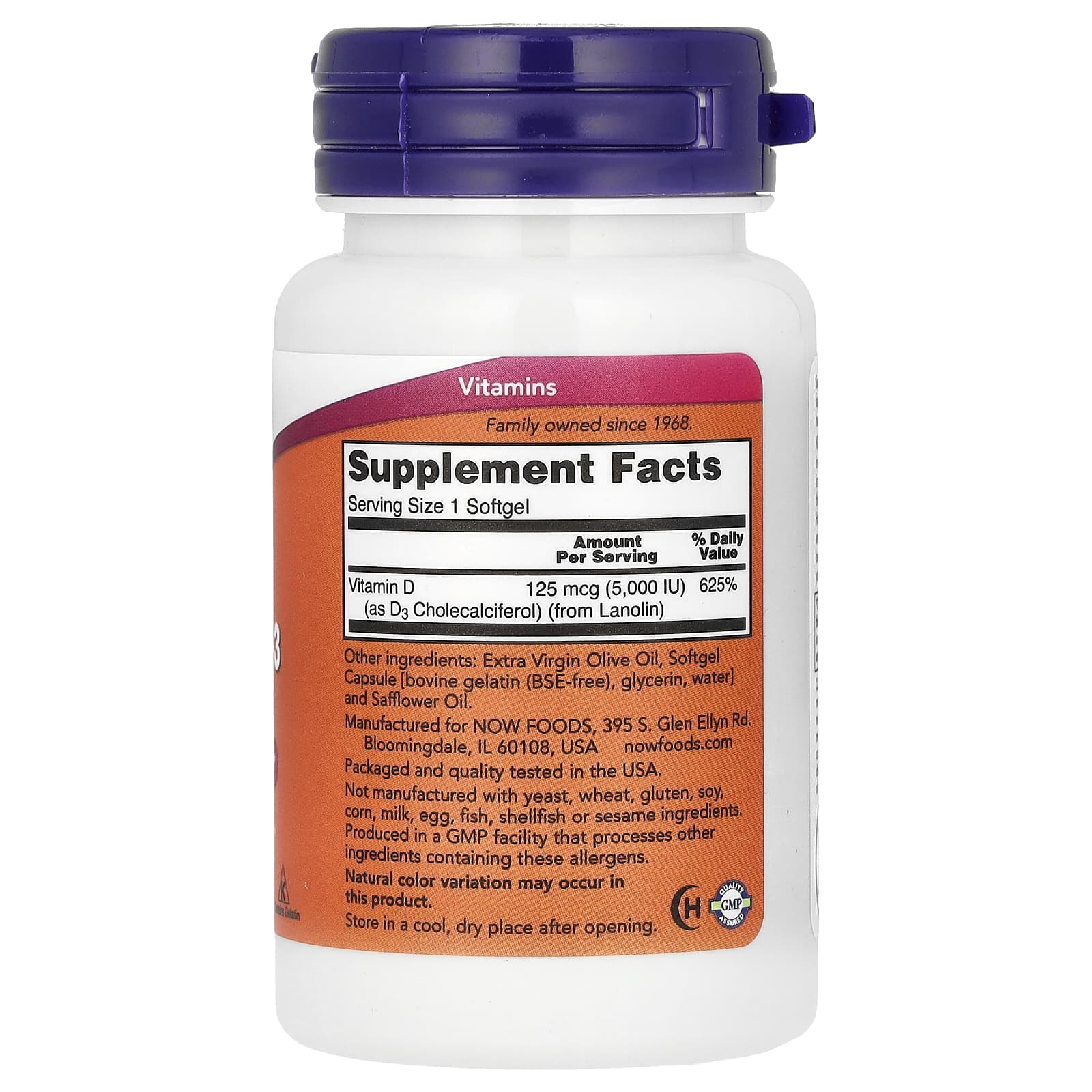 NOW Foods, Vitamina D-3, Alta Potência, 5.000 UI, 30 Cápsulas Softgel - Imagem 2