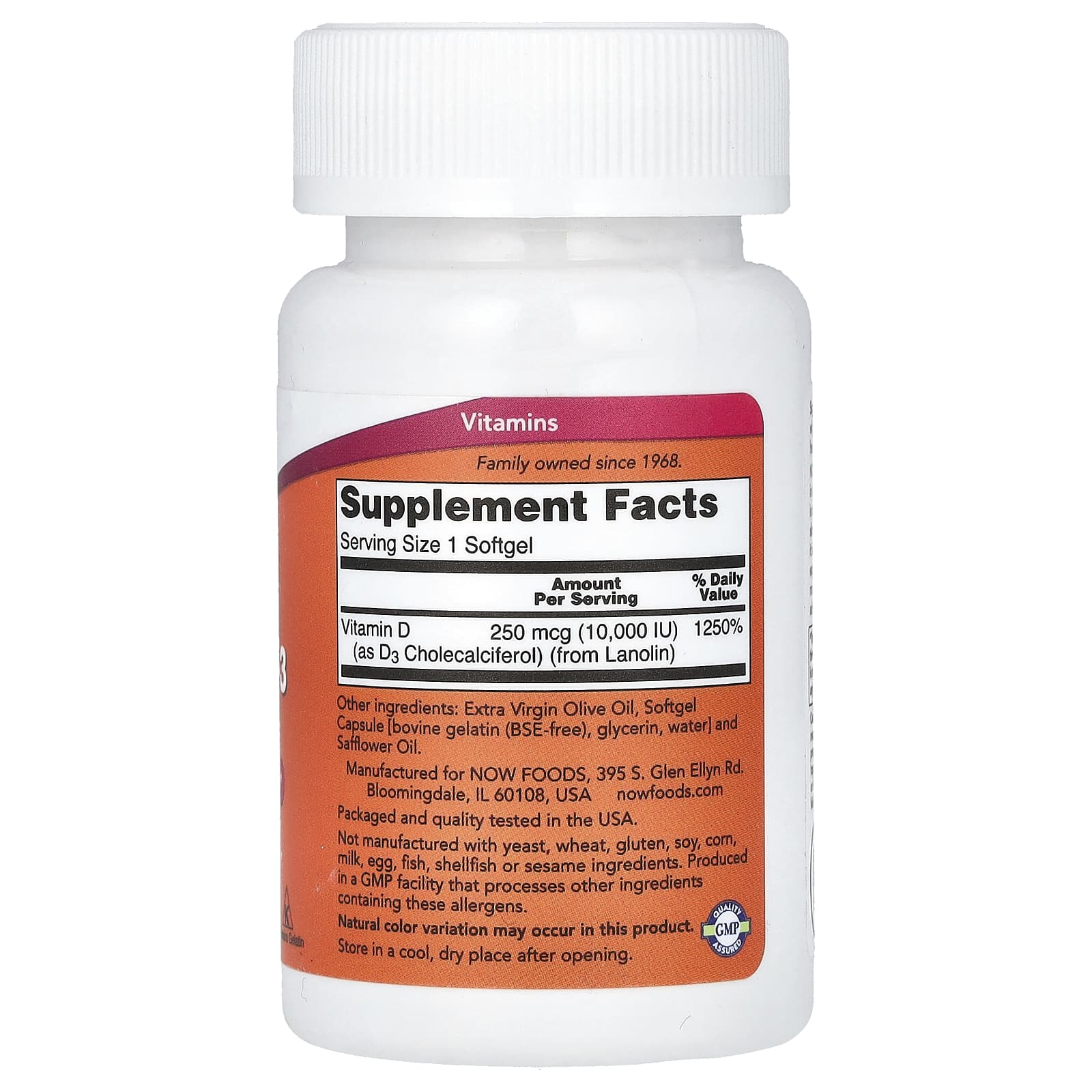 NOW Foods, Vitamina D-3, Alta Potência, 10.000 UI, 30 Cápsulas Softgel - Imagem 2