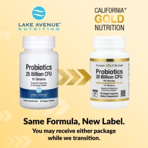 California Gold Nutrition, Probióticos com Lactobacillus acidophilus, Bifidobacterium lactis, Lactobacillus plantarum, and Lactobacillus casei, Mistura de 10 Estirpes, 25 Bilhões de UFCs, 60 Cápsulas Vegetais