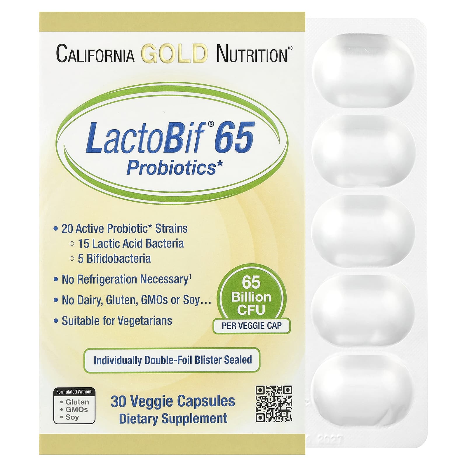 California Gold Nutrition, Probióticos, LactoBif® 65, 30 Cápsulas Vegetais