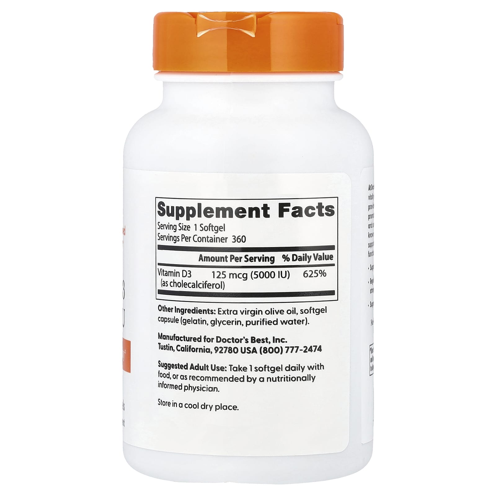 Doctor's Best, Vitamina D3, 125 mcg (5.000 UI), 360 Cápsulas Softgel - Imagem 2