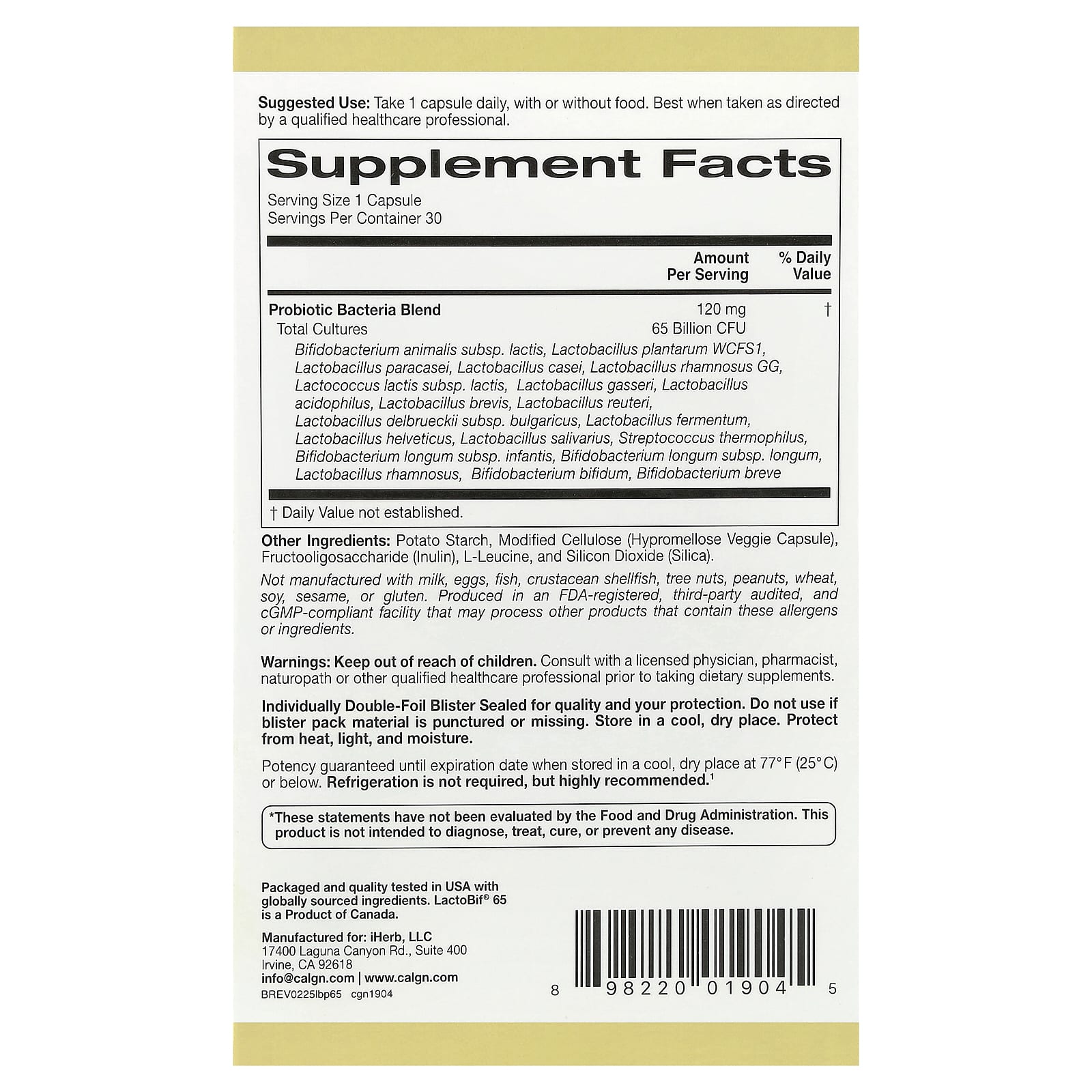 California Gold Nutrition, Probióticos, LactoBif® 65, 30 Cápsulas Vegetais - Imagem 2