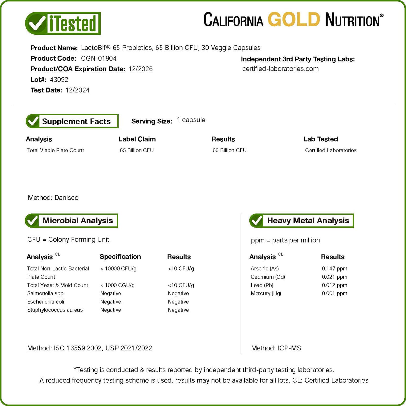 California Gold Nutrition, Probióticos, LactoBif® 65, 30 Cápsulas Vegetais - Imagem 4