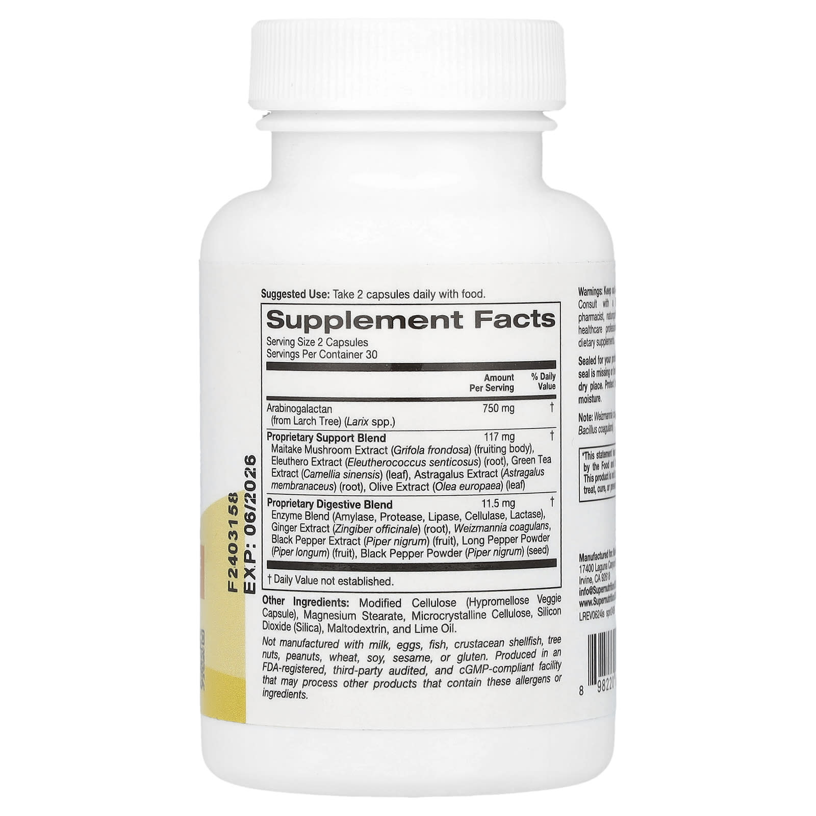 Super Nutrition, Immune Support com Arabinogalactan, Extrato de Cogumelo Maitake, Extrato de Eleutero e Extrato de Chá Verde, 60 Cápsulas Vegetais - Imagem 2