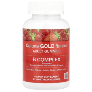 California Gold Nutrition, Gomas de Complexo B com Vitaminas B6 e B12, Folato e Biotina, Morango, 45 Gomas Vegetarianas