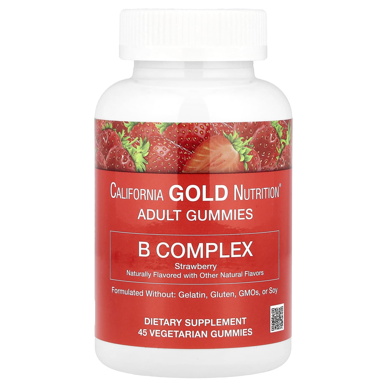 California Gold Nutrition, Gomas de Complexo B com Vitaminas B6 e B12, Folato e Biotina, Morango, 45 Gomas Vegetarianas