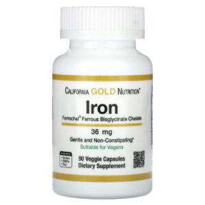 California Gold Nutrition, Ferrochel, Ferro (Bisglicinato), 36 mg, 90 Cápsulas Vegetais