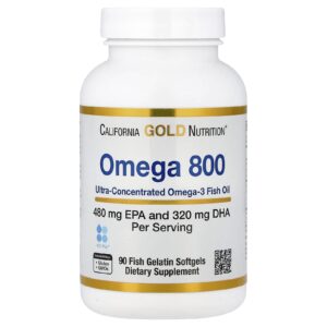 California Gold Nutrition, Óleo de Peixe Ômega-3 Ultraconcentrado Ômega 800, Forma de Triglicerídeos kd-pur, 90 Cápsulas Softgel de Gelatina de Peixe (1.000 mg por Cápsula Softgel)