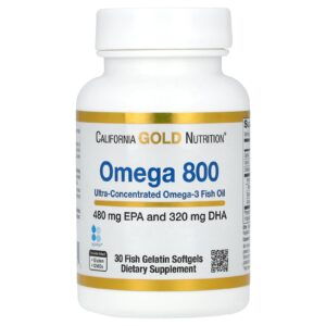 California Gold Nutrition, Óleo de Peixe Ômega-3 Ultraconcentrado Ômega 800, Forma de Triglicerídeos kd-pur, 30 Cápsulas Softgel de Gelatina de Peixe (1.000 mg por Cápsula Softgel)