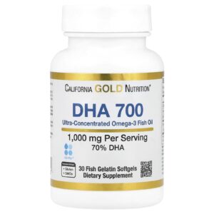 California Gold Nutrition, Óleo de Peixe DHA 700, Ultraconcentrado, 1.000 mg, 30 Cápsulas Softgel de Gelatina de Peixe