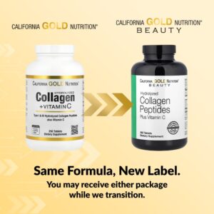 California Gold Nutrition, Peptídeos de Colágeno Hidrolisado, Tipos I e III, e Vitamina C, 250 Comprimidos