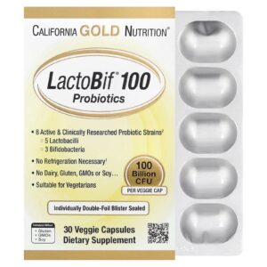 California Gold Nutrition, Probióticos LactoBif® 100, 100 Bilhões de UFCs, 30 Cápsulas Vegetais