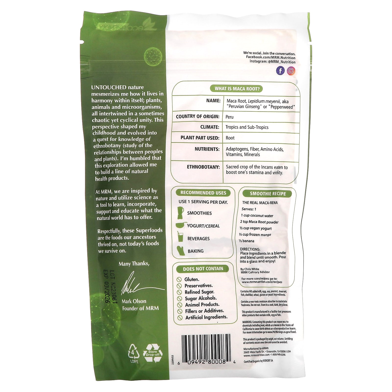 MRM Nutrition, Raiz de Maca-Peruana Orgânica em Pó, 240 g (8,5 oz) - Imagem 2