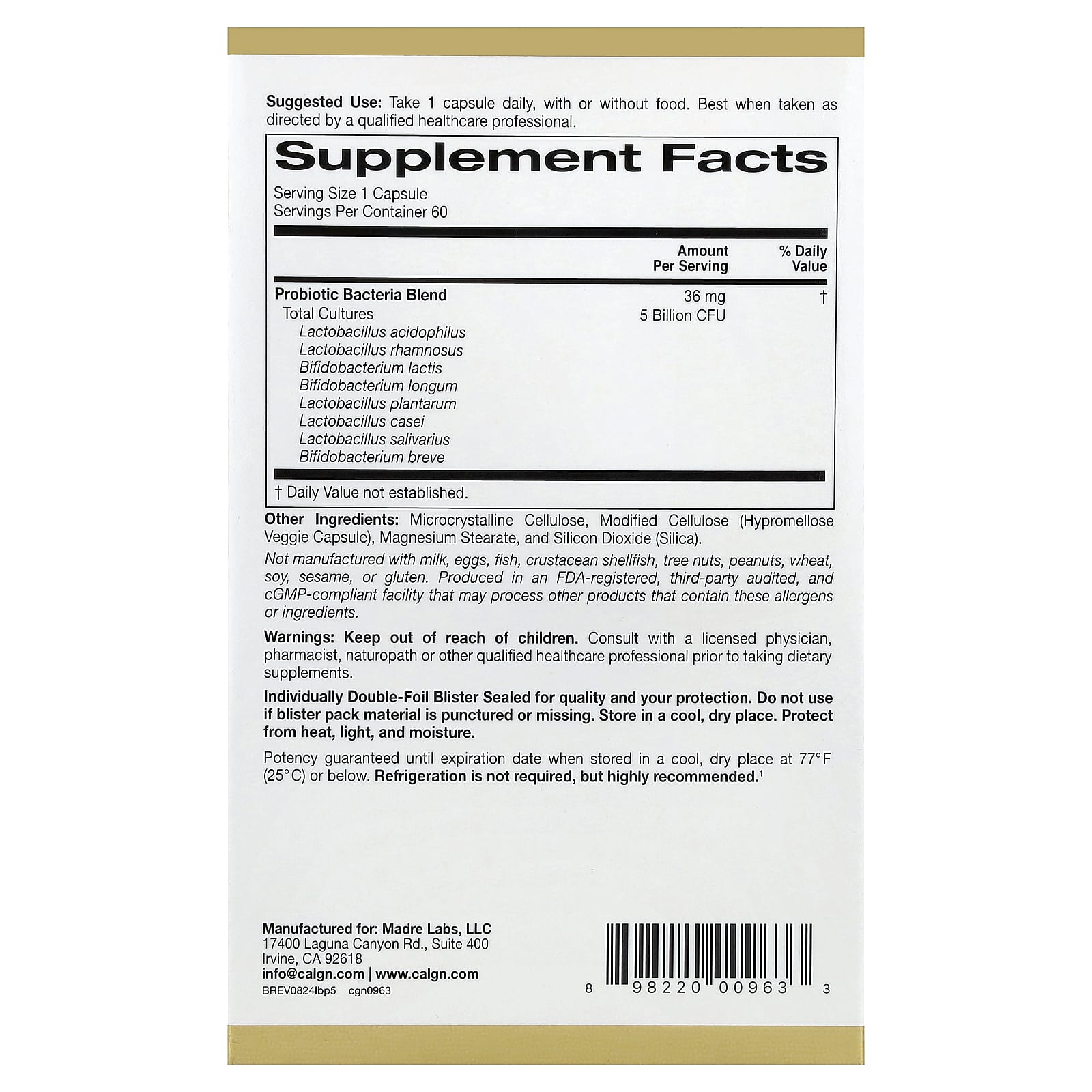 California Gold Nutrition, Probióticos LactoBif® 5, 5 Bilhões de UFCs, 60 Cápsulas Vegetais - Imagem 2