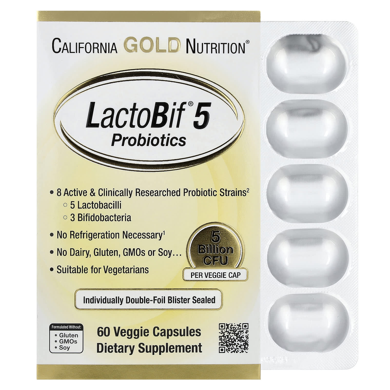 California Gold Nutrition, Probióticos LactoBif® 5, 5 Bilhões de UFCs, 60 Cápsulas Vegetais