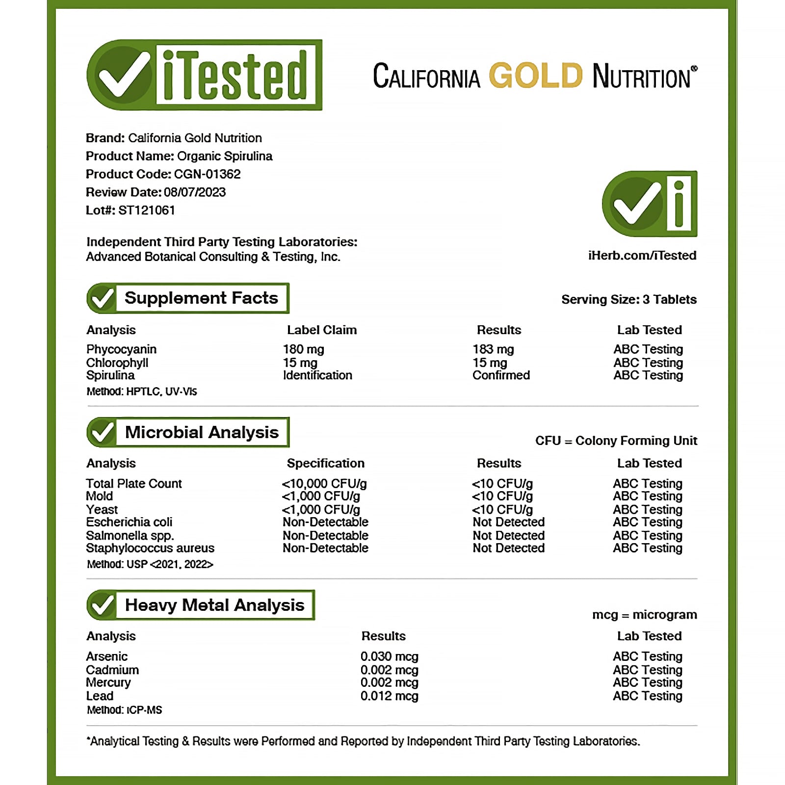 California Gold Nutrition, Espirulina Orgânica, 240 Comprimidos (500 mg por Comprimido) - Imagem 4