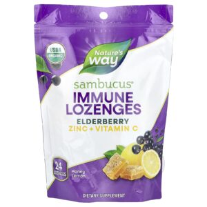 Nature's Way, Sambucus®, Pastilhas para o Sistema Imunológico, Sabugueiro e Zinco + Vitamina C, Mel e Limão, 24 Pastilhas