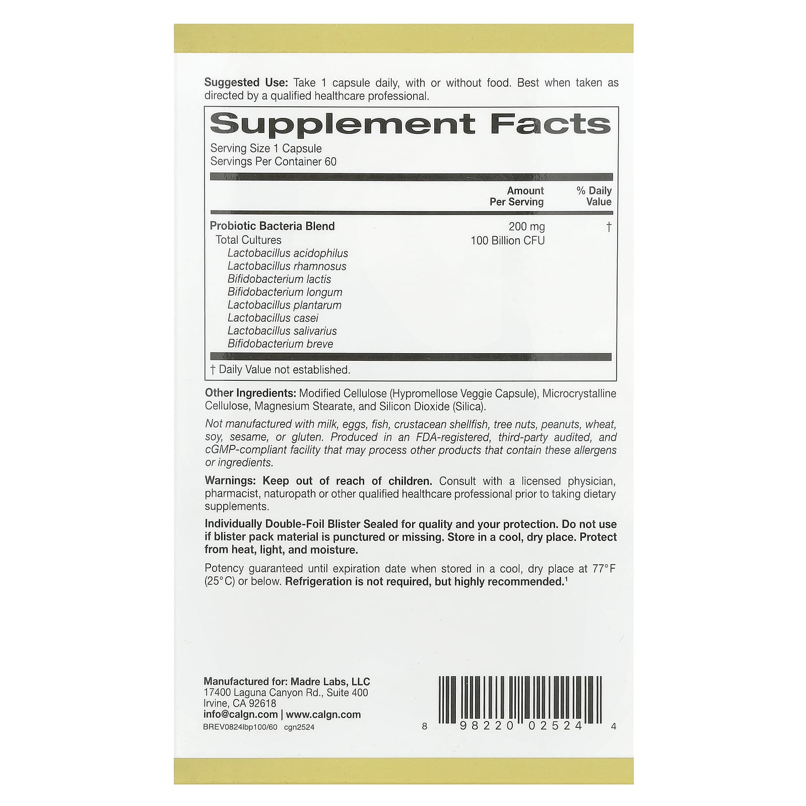 California Gold Nutrition, Probióticos LactoBif® 100, 100 Bilhões de UFCs, 60 Cápsulas Vegetais - Imagem 2
