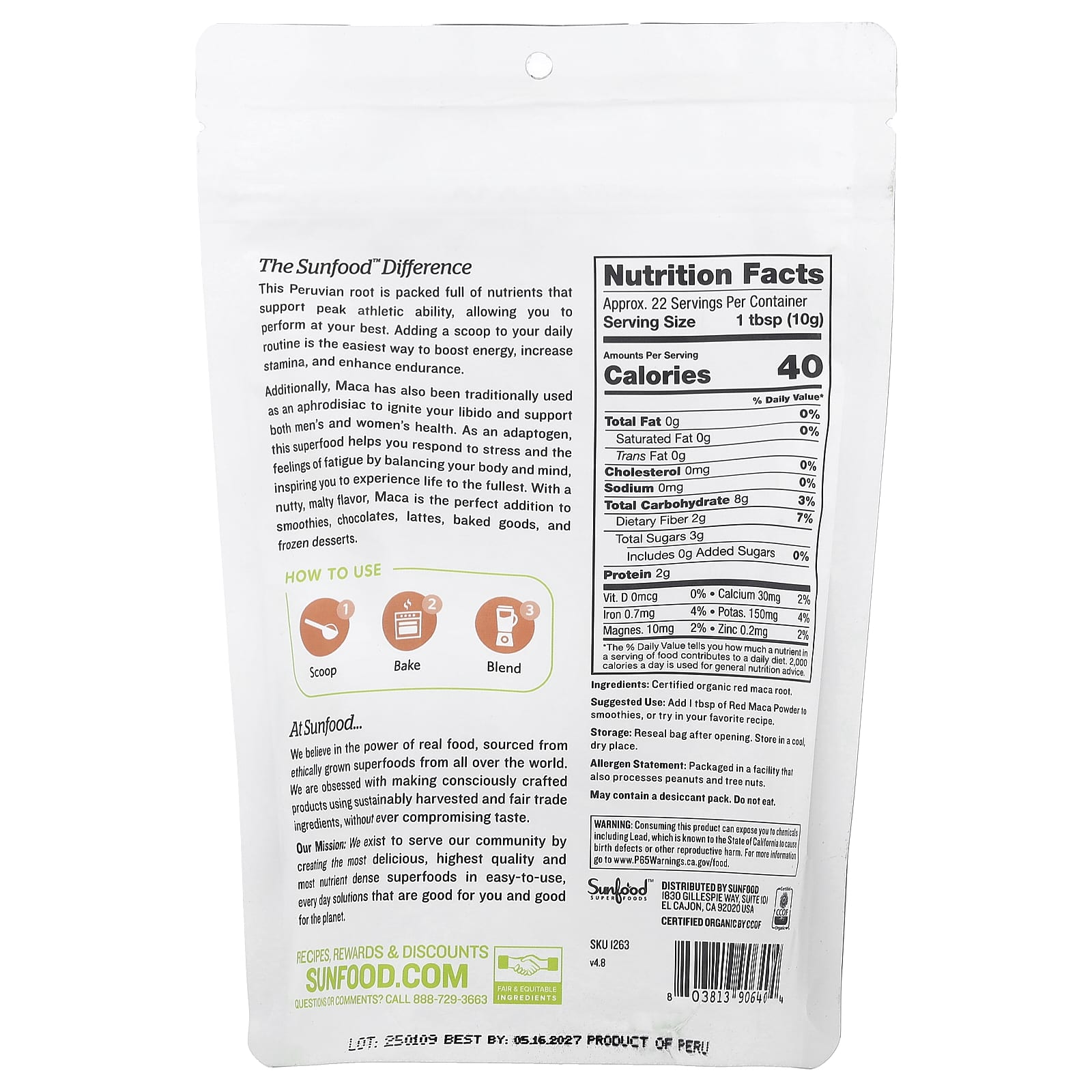 Sunfood, Maca Vermelha Orgânica Crua em Pó, 227 g (8 oz) - Imagem 2