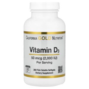 California Gold Nutrition, Vitamina D3, 50 mcg (2.000 UI), 360 Cápsulas Softgel de Gelatina de Peixe