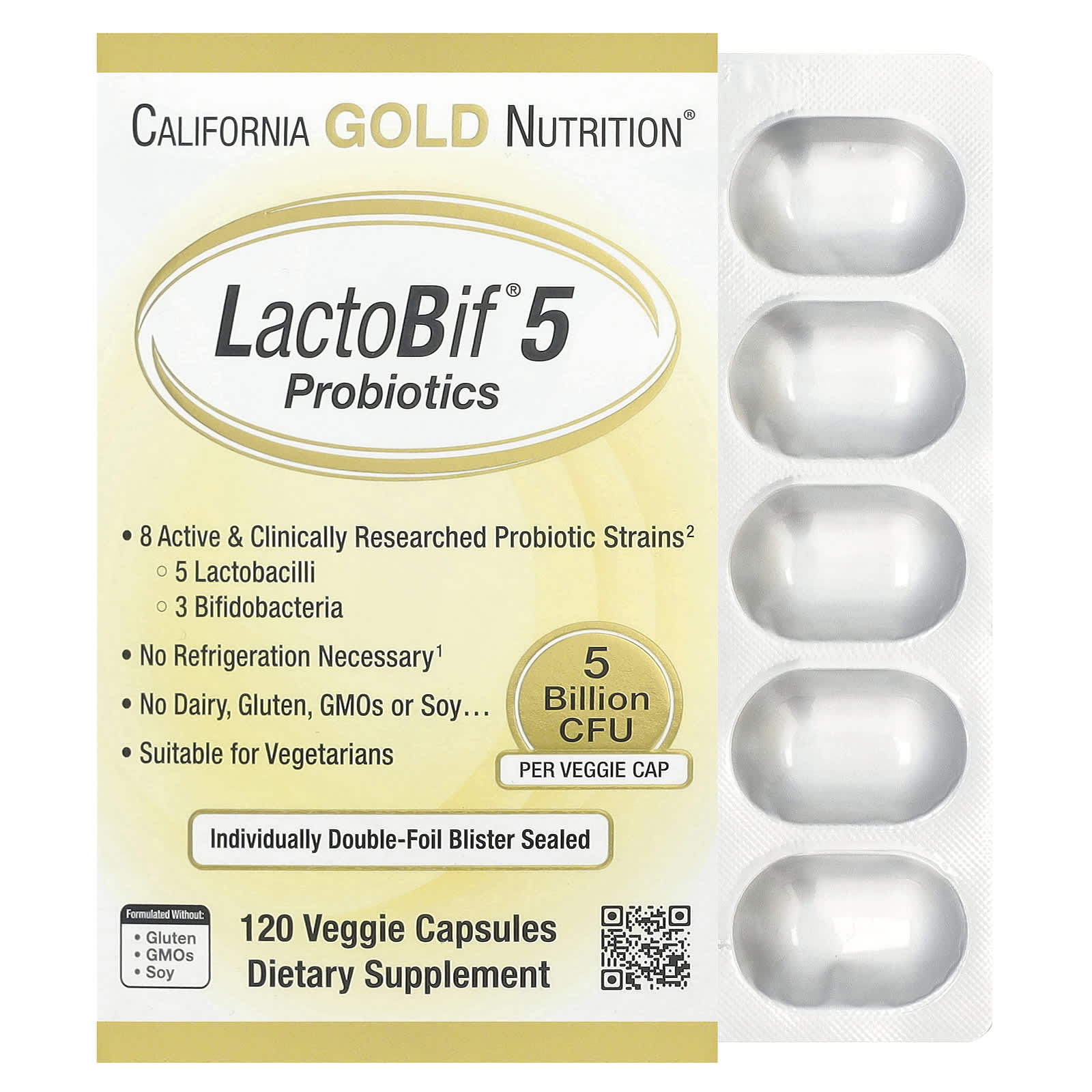 California Gold Nutrition, Probióticos LactoBif® 5, 5 Bilhões de UFCs, 120 Cápsulas Vegetais