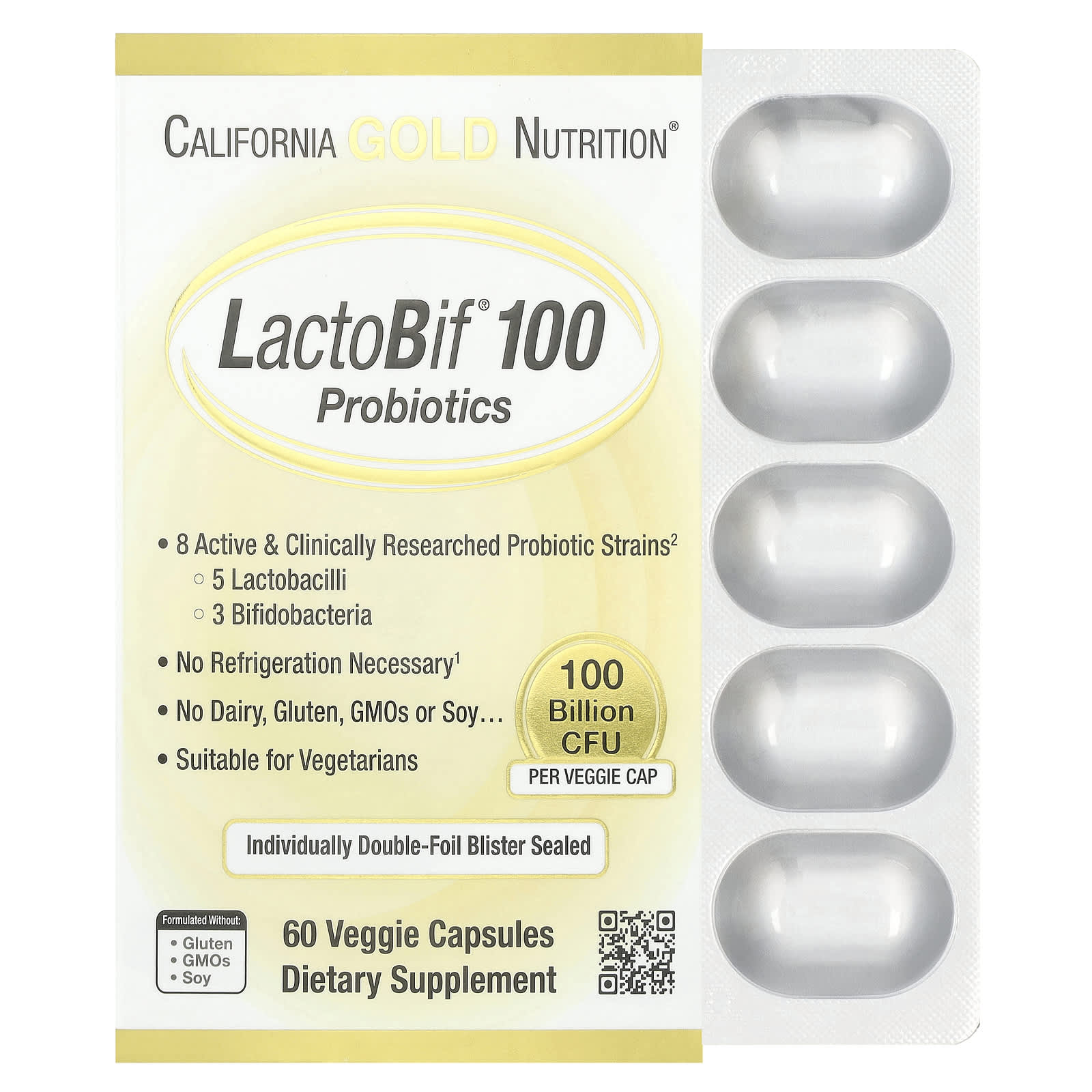 California Gold Nutrition, Probióticos LactoBif® 100, 100 Bilhões de UFCs, 60 Cápsulas Vegetais