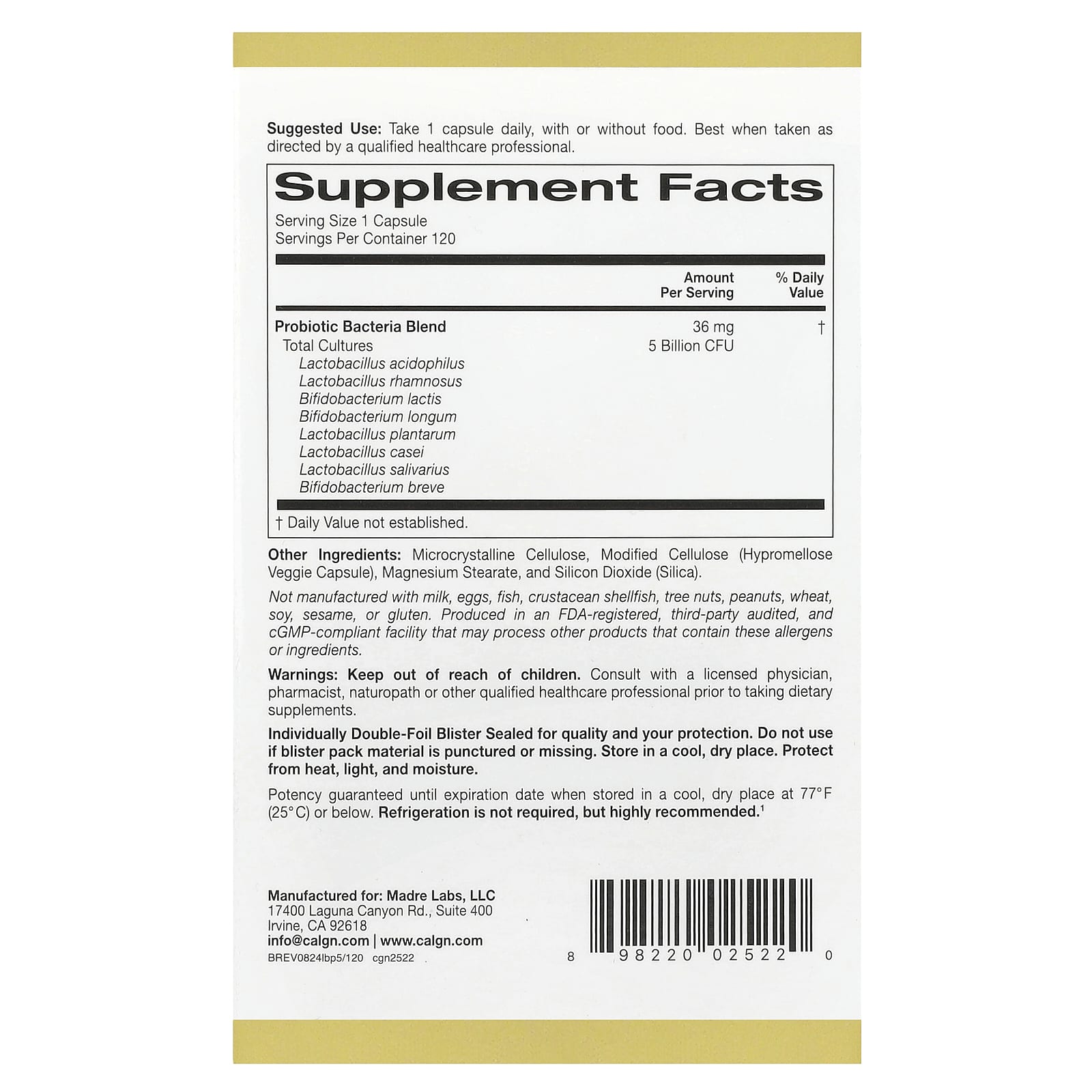 California Gold Nutrition, Probióticos LactoBif® 5, 5 Bilhões de UFCs, 120 Cápsulas Vegetais - Imagem 2
