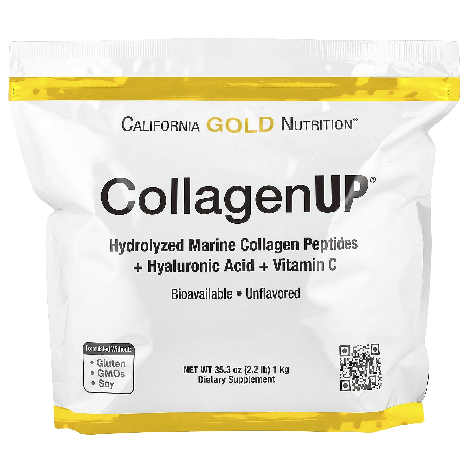 California Gold Nutrition, CollagenUP®, Peptídeos de Colágeno Marinho Hidrolisado com Ácido Hialurônico e Vitamina C, Sem Sabor, 1 kg (2,2 lb)