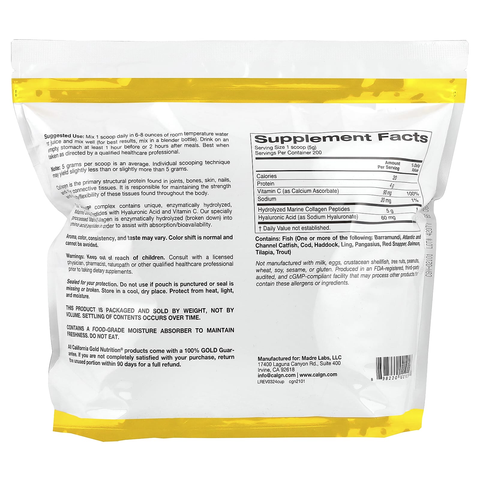 California Gold Nutrition, CollagenUP®, Peptídeos de Colágeno Marinho Hidrolisado com Ácido Hialurônico e Vitamina C, Sem Sabor, 1 kg (2,2 lb) - Imagem 2