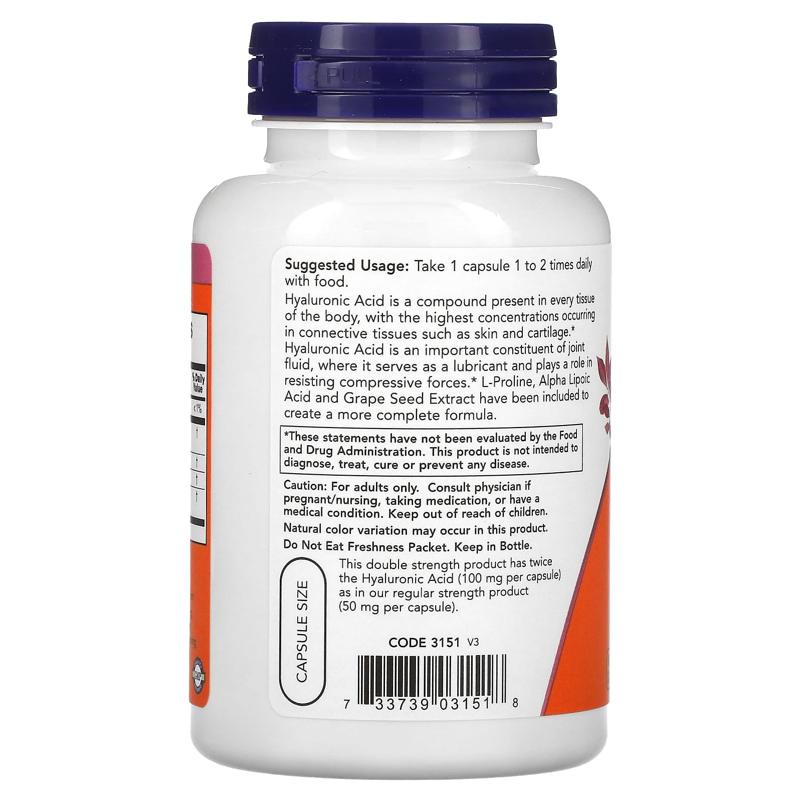 NOW Foods, Ácido Hialurônico, 100 mg, 120 Cápsulas Vegetais - Imagem 3