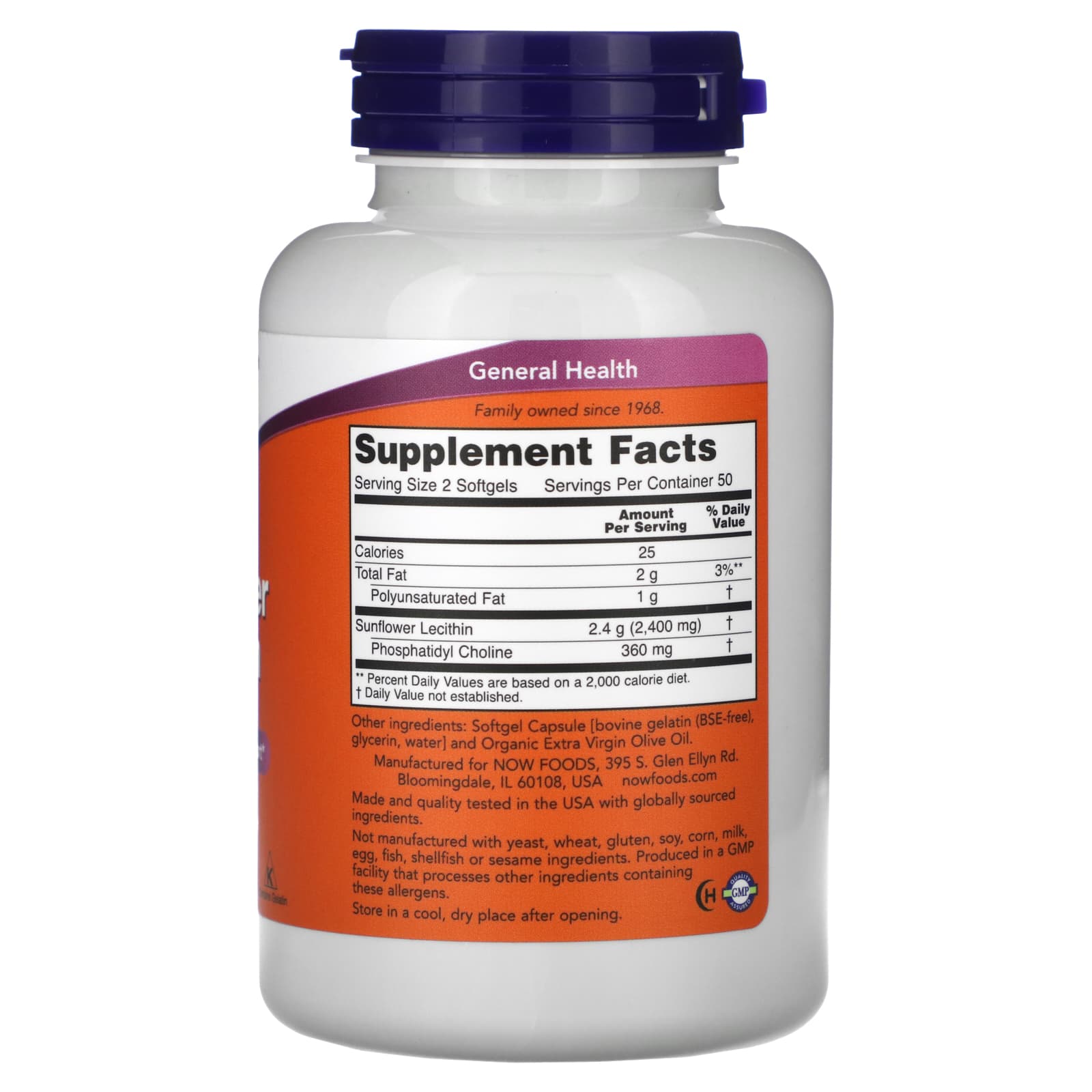 NOW Foods, Lecitina de Girassol, 1.200 mg, 100 Cápsulas Softgel - Imagem 2